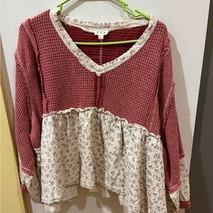 POL Women's Textured Pink and Cream Floral Blouse